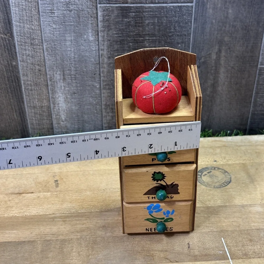 Vintage Wooden Sewing Caddy 3 Drawer Organizer Tomato Pincushion Retro